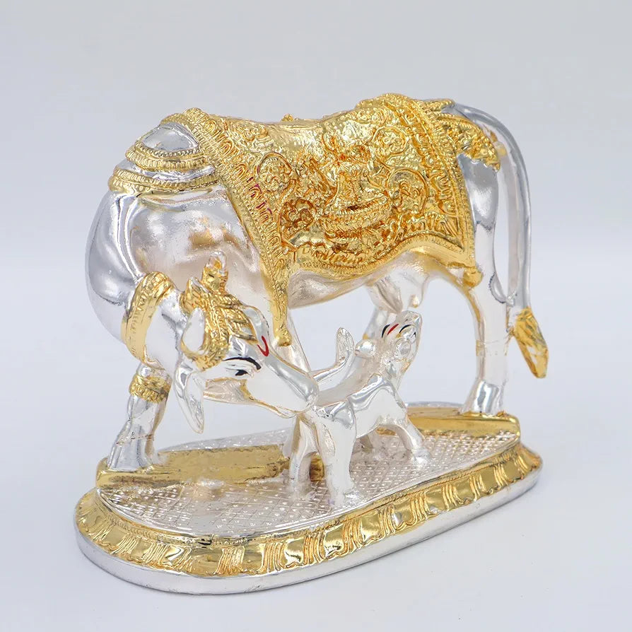 Jaipur Ace Kamdhenu Cow With Calf Statue Standard Size Golden 2 ton Cow And Calf
