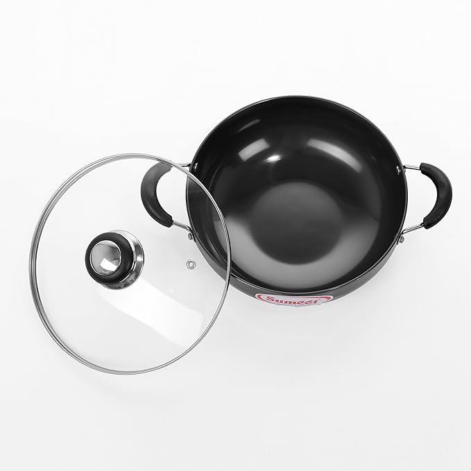 Sumeet Aluminium 3mm Hard Anodized Deep kadai with Glass Lid 17cm Dia. 750 ml