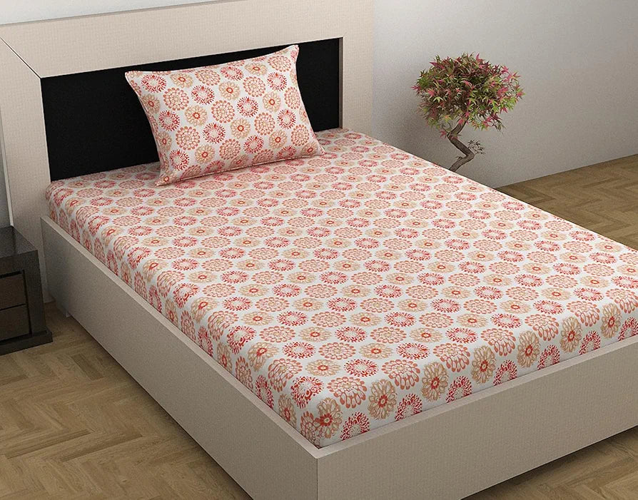Divine Casa 144 TC 100% Cotton Bedsheet for Single Bed with 1 Pillow Cover Colour Red Orange