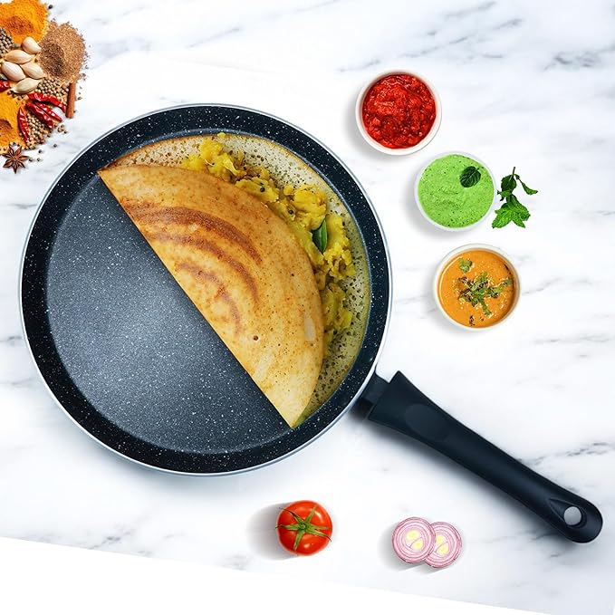 Solara Granite Dosa Tawa Non Stick Pan 28cm, Dosa Tawa Induction Base & Gas Compatible With Soft-touch Handles | Black Colour