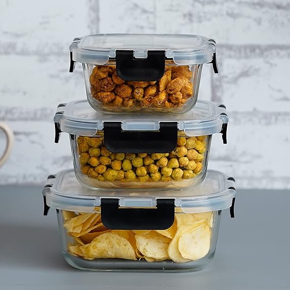 Femora Borosilicate Square Microwave Oven Safe Glass Container With Dectahable & Break Free Lid | Black Color | 300,500,800 Ml