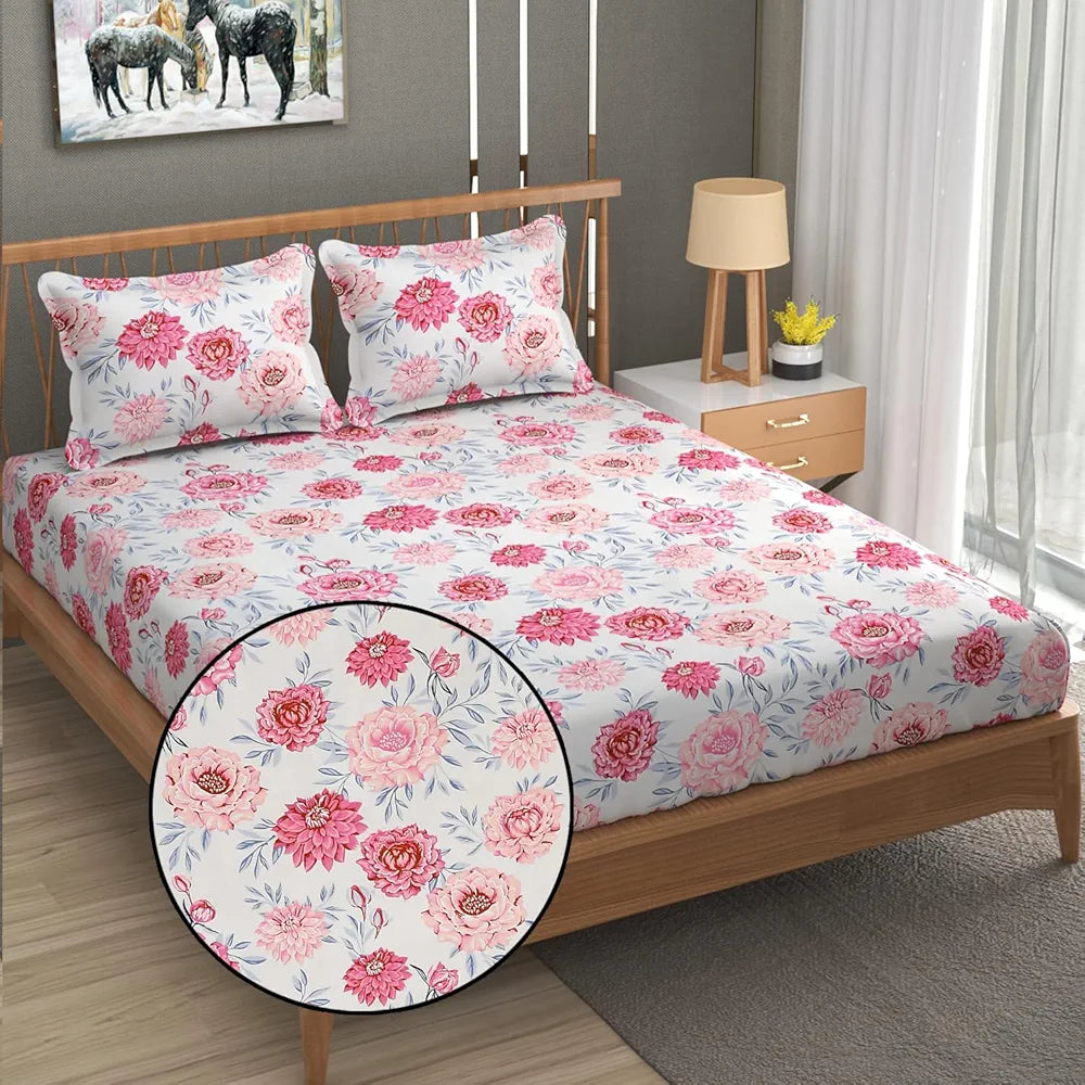Fresh From Loom Floral Print 240 TC King Size Microfiber Fitted Bedsheet Set Soft & Anti Fade 2 Pillow Covers Included Rose-Offwhite