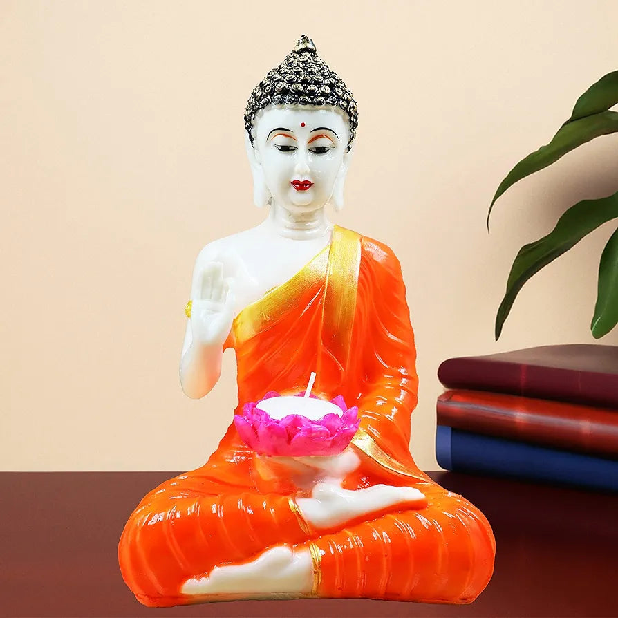 Jaipur Ace Orange Buddha Sitting With Tea Light in Hand Polyresin Idol