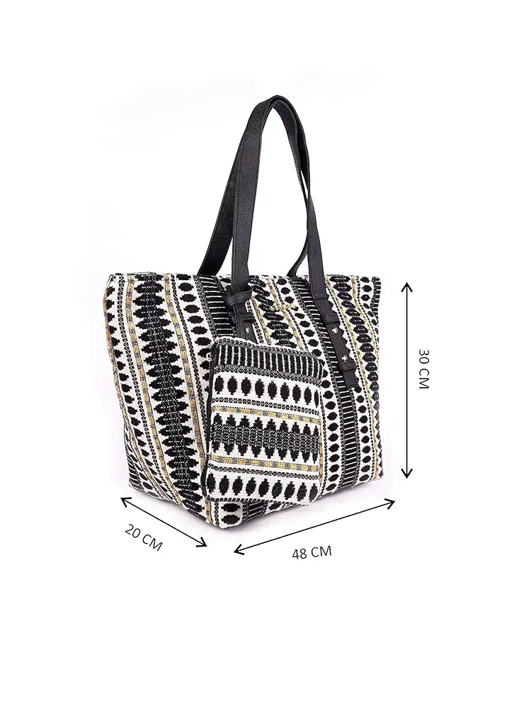 Astrid Cotton Textured Tote Bag With Coin Pouch Black