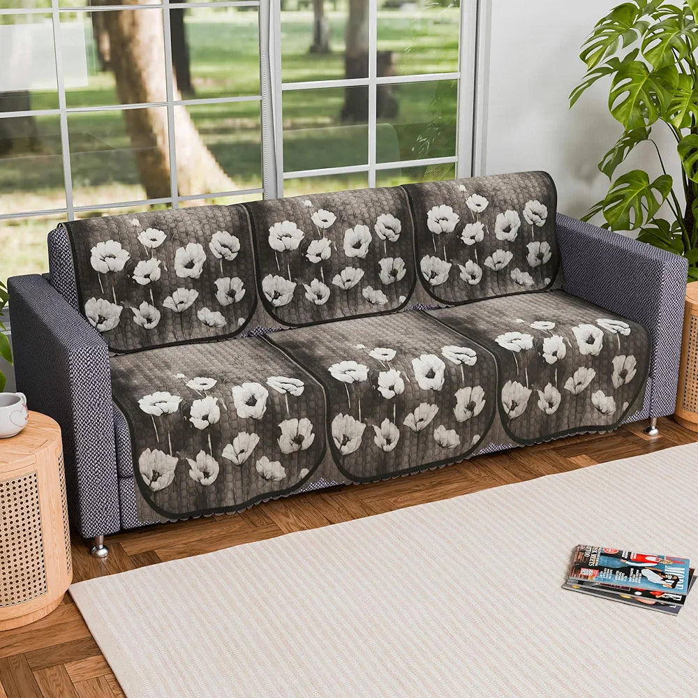 Kuber Industries Set of 6 Durable 3 Seater Sofa Cover Lotus Print Green Colour