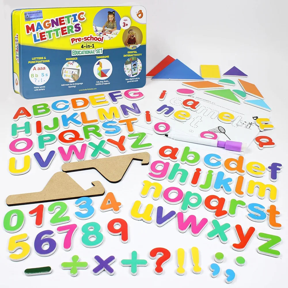 Butterfly EduFields 90+ Pcs Magnetic Alphabets for kids ages 3 4 5 years | Metal Box for Gifting | Magnetic Letters Numbers Tangram Shapes Puzzles | Best educational birthday Gift Pack for Boys &Girls
