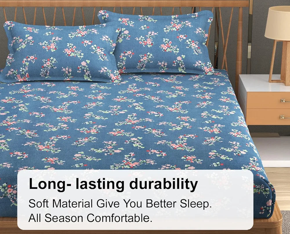 Fresh From Loom Anti Fade Floral Print 240 TC Microfiber King Size Fitted Bedsheet with 2 Pillow Covers Greyish-Blue