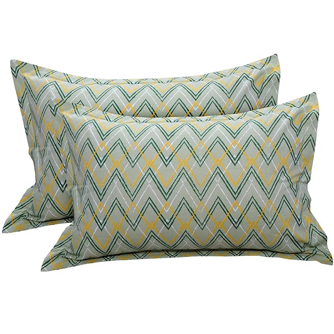Huesland by Ahmedabad Cotton 144 TC Bedsheet for King Size Bed with 2 Pillow Covers | Botanical Chevron |  Green, Yellow & White