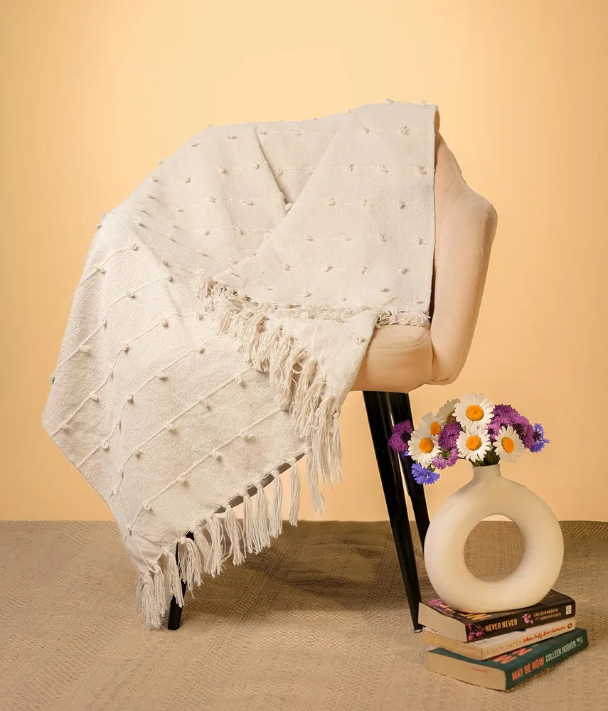 Sajavat Home Hand Knitted Pure Cotton Throw Colour Grey & Beige