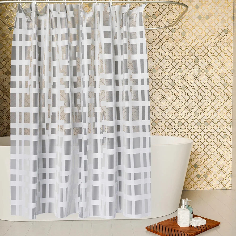 Kuber Industries PVC Shower Checkered Light-Filtering Curtain White with Hooks for Bathroom