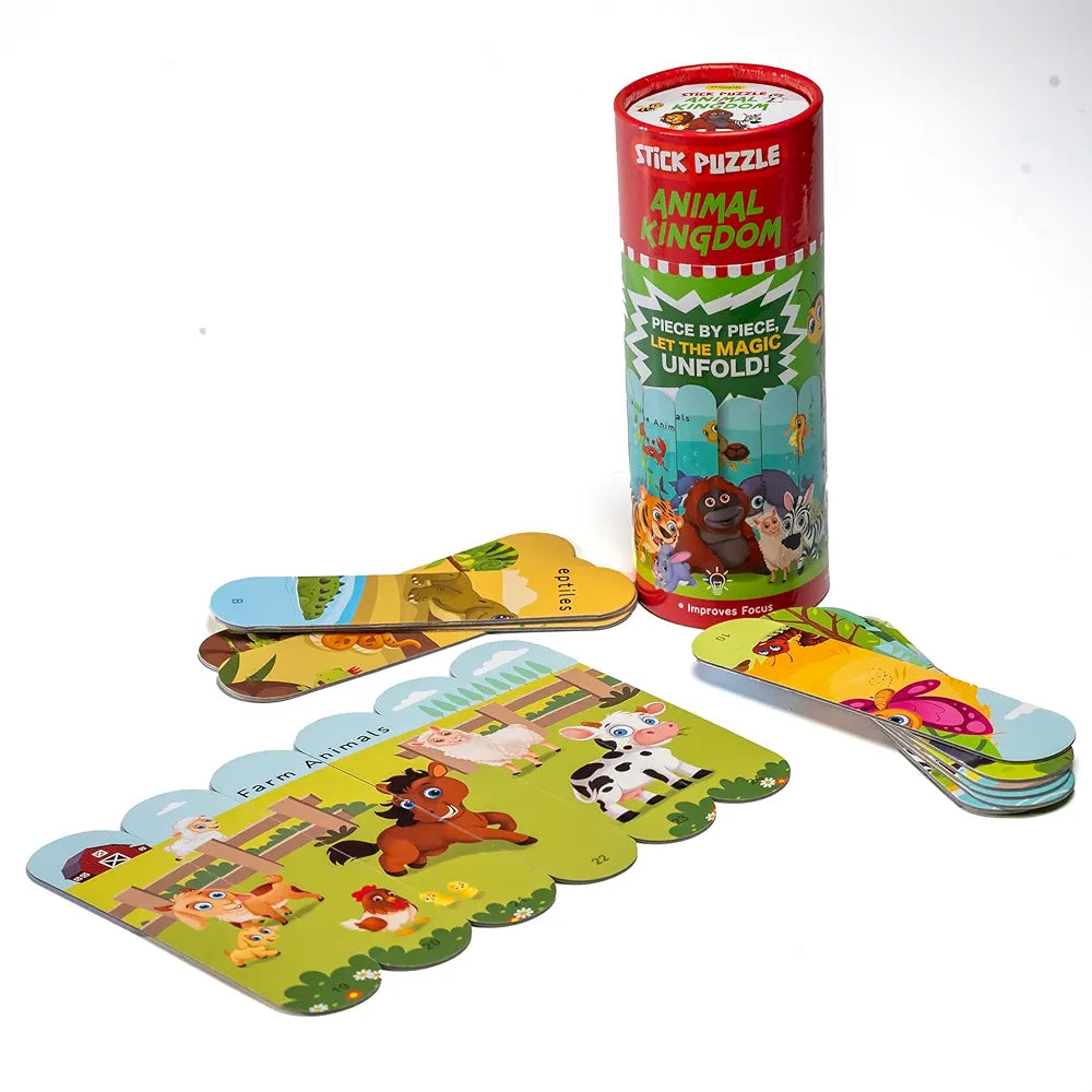 THE BOOK TREE Animal Kingdom Stick Puzzle | 24pcs Double-Sided Cardboard Puzzles | 8 Fun Animal-Themed Puzzles for Learning & Play | Develops Focus & Problem-Solving Skills | Ideal for Ages 3+