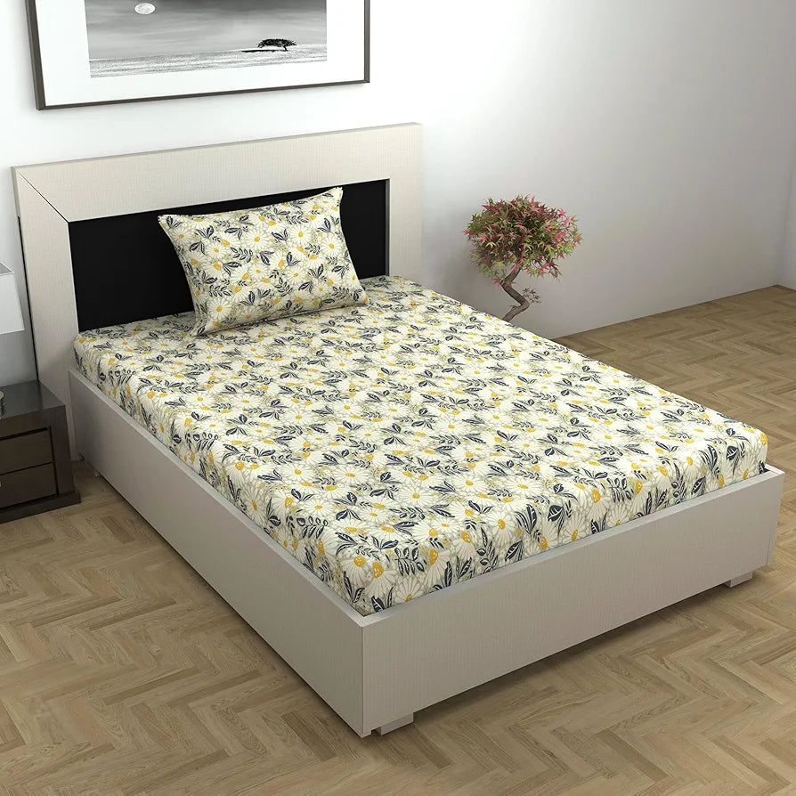 Divine Casa 100% Cotton Bedsheet for Single Bed, 144 TC Bedsheet Single Size Bed Cotton with 1 Pillow Cover Colour Classic Yellow