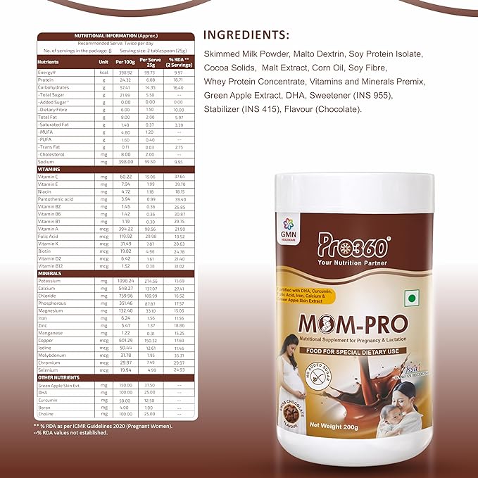 Pro360 Mom-pro Nutritional Supplement for Pregnant & Lactating Women Swiss Chocolate Flavor - 200 gms