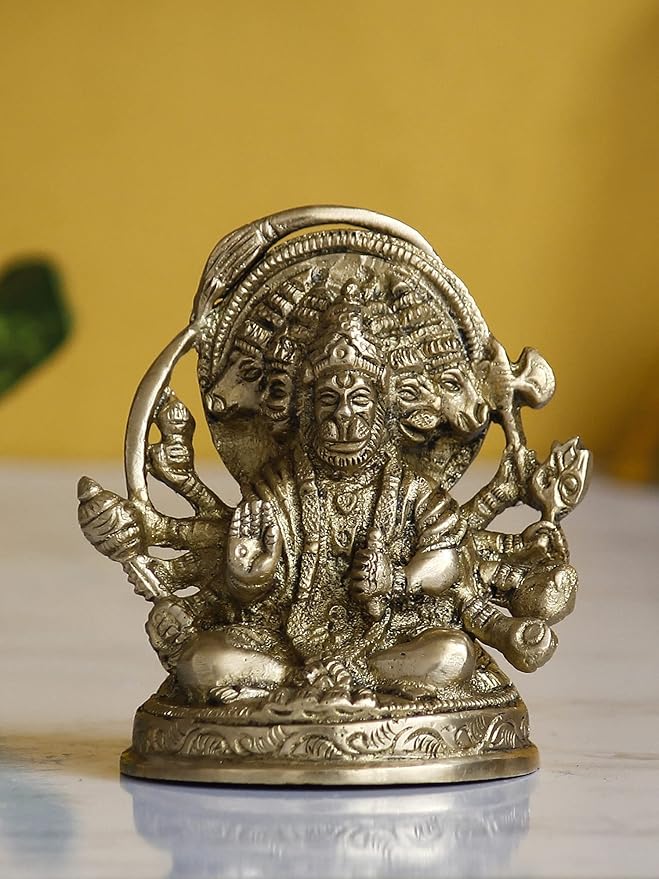 Ecraftindia Golden Brass Handcrafted Sitting Panchmukhi Hanuman Statue | Bajrangbali Religious Idol Murti
