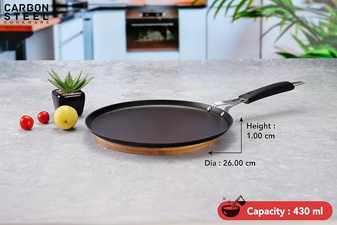 Sumeet Super Smooth Pre Seasoned Carbon Steel (Iron) Flat Tawa for Dosa 26cm Black