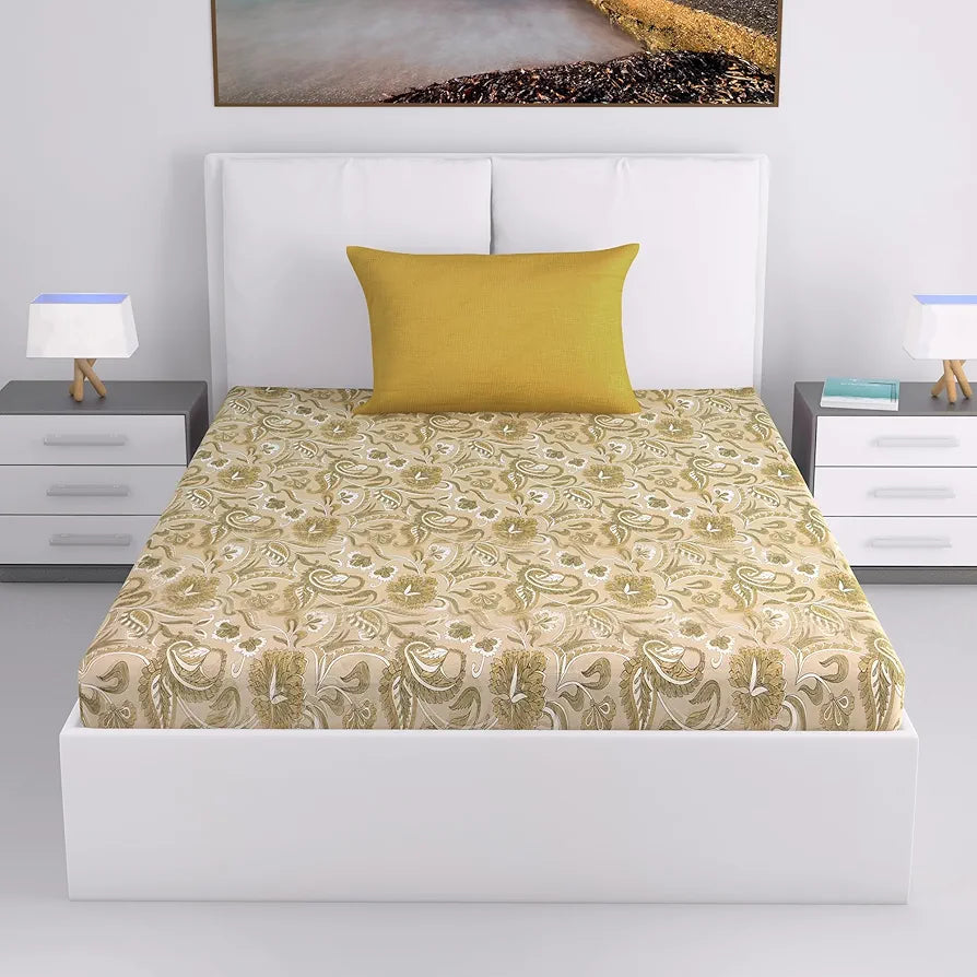 Divine Casa 144 TC 100% Cotton Single Size Bedsheet with 1 Pillow Cover Floral Paisley Colour Mustard Beige