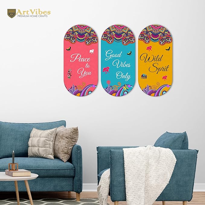 Artvibes Positive Quote Wooden Wall Hanging Decoration Items for Home | Mdf Wall Decoration for Living Room | Set of 3