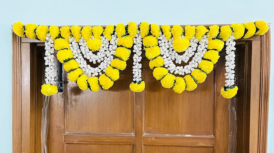 Artificial Marigold Fluffy Flowers Garlands Door Toran Set/Door Hangings Yellow with Jasmine and green leaves