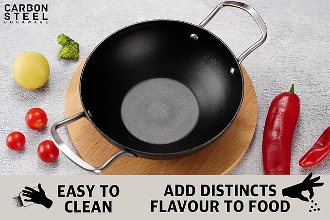 Sumeet Super Smooth Pre Seasoned Carbon Steel (Iron) Deep Kadai 20cm |1250ml Black