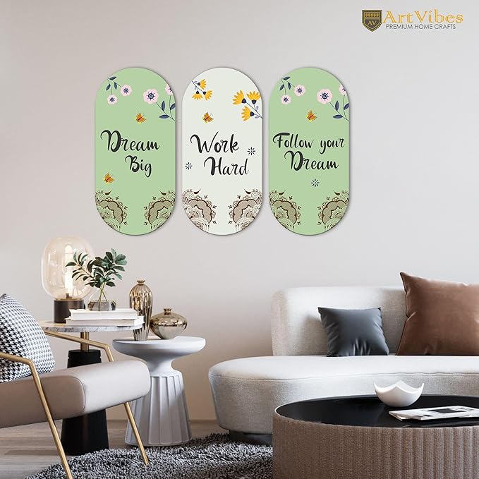 Artvibes Work Hard Motivational Quote Wall Hanging Decoration for Home | Wooden Decorative Hanger | Set of 3