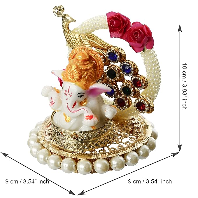 Ecraftindia Resin Lord Ganesha Idol on Peacock Decorative Plate | Ganesha Idol for Home Decor