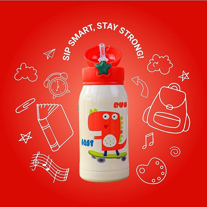 Femora Kids Dinosaur Design Hot & Cold Thermosteel Water Bottle for Kids - 380 gms