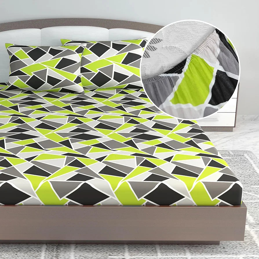 Divine Casa 144 TC 100% Cotton Abstract Print Green Super Soft Bedsheet Elastic Fitted King Size Bed Colour Jolly Green