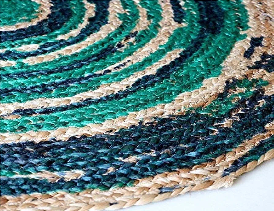 The Home Talk Natural Handcrafted Braided Round Jute Rug Traditional Carpet Blue & Green