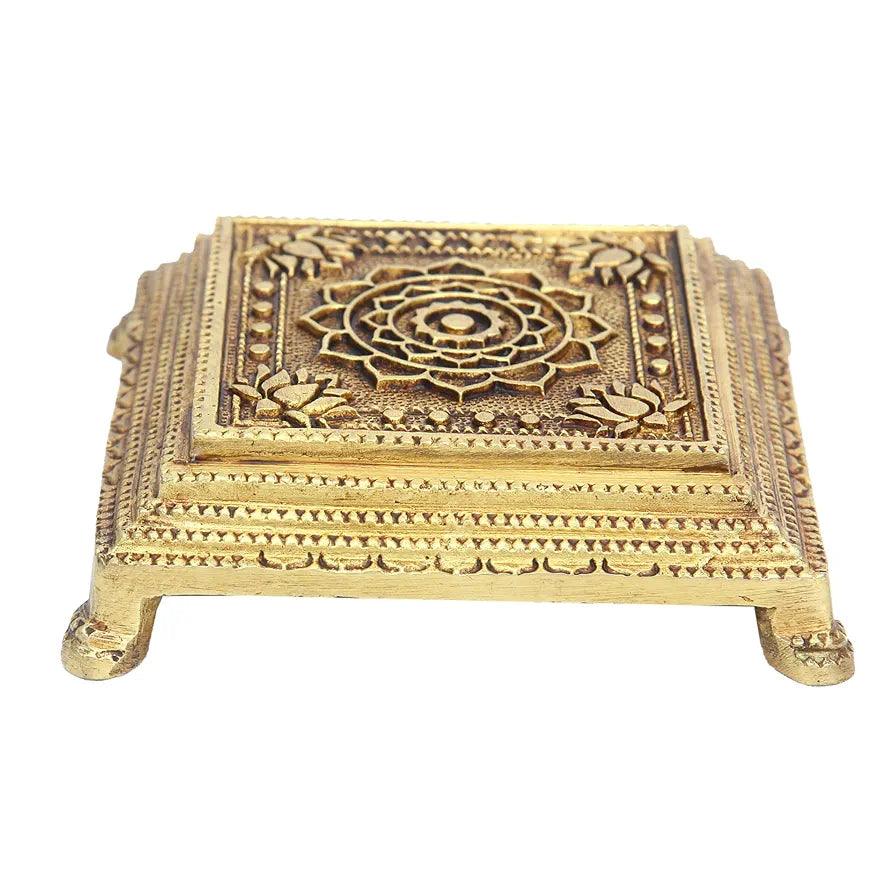 anciently Brass Pooja Chowki Square with Lotus Design | Sqaure Brass Chowki for Puja, Brass, Gold Colour, 1 Piece 