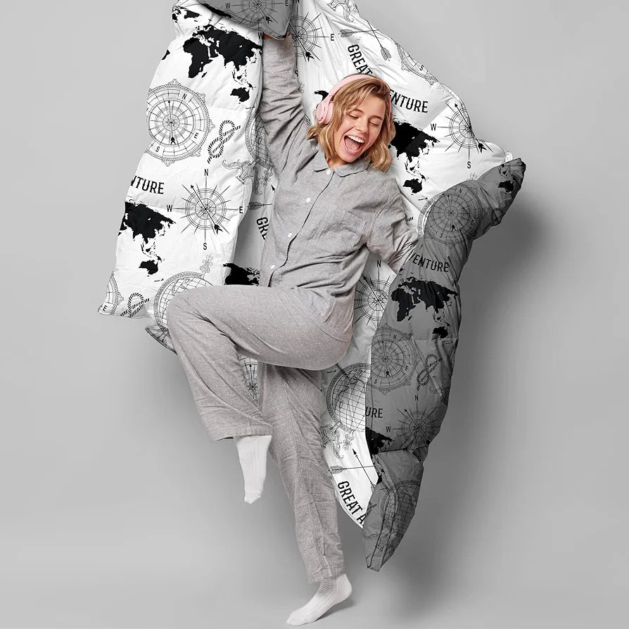 Divine Casa Microfibre Mild Winter 120 GSM Printed Reversible Single Bed Size Quilt Comforter Blanket TC - 120 Colour Light Grey and Black