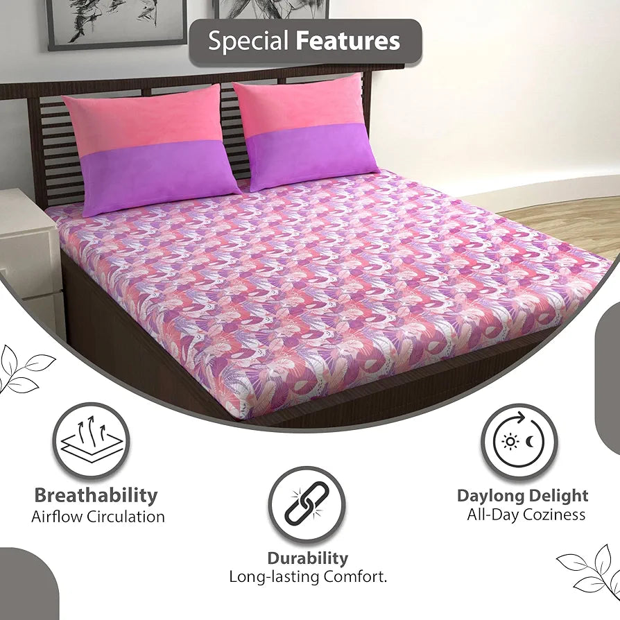 Divine Casa 144 TC Pure Cotton Double Bedsheet with 2 Pillow Covers Floral Paisley Colour Lavender Pink