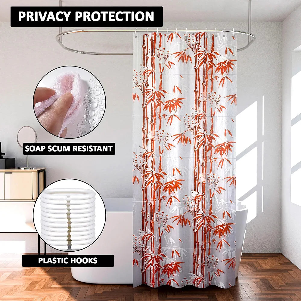 Kuber Industries Shower Curtain Bathroom Shower Curtain 8 Rings Curtain Bamboo Print Orange