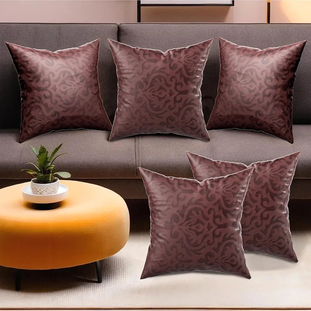 Kuber Industries Set of 5 Washable & Removable Velvet Sofa Pillow Covers with Zip Floral Design Brown