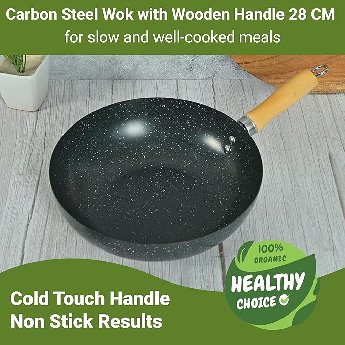 Femora Carbon Steel Wok 28 Cm With Wooden Handle | 3 Layer Non-stick Coating Wok | Black