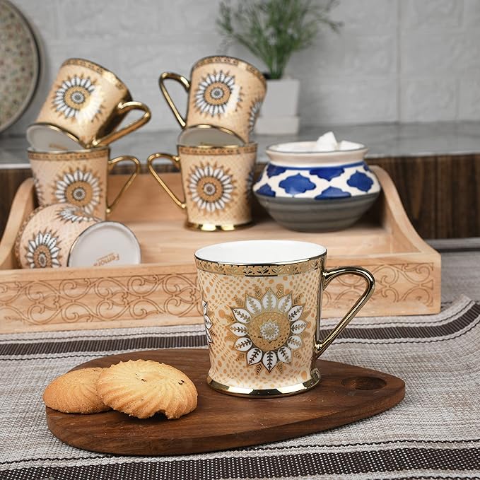 Femora Lotus Pattern With Golden Handle Golden Coffee Mugs | 180 Ml | Golden | 6 Pieces Set | Not Microwave Safe