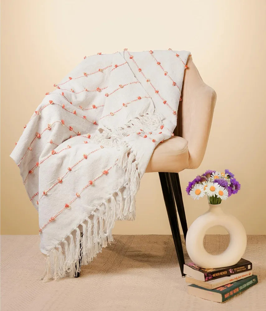 Sajavat Home Hand Knitted Pure Cotton 3 Seater Sofa Throw Colour Beige & Royal Orange
