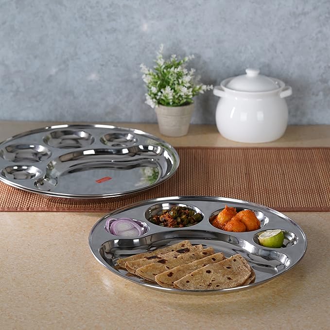 Sumeet Stainless Steel Round 5 in 1 Compartment Lunch Big Plates Set of 3Pcs 34cm Silver