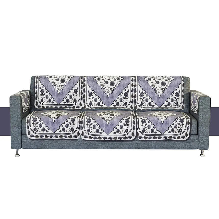 Kuber Industries Sofa Cover Net Sofa Slipcover Set 5-Seater Sofa Cover Flower Digital Triangle Border-753 Grey
