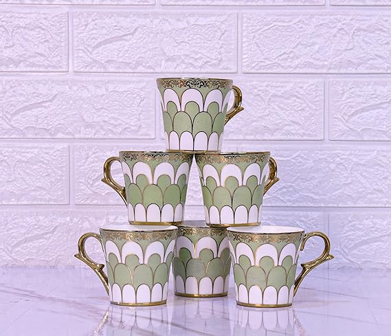 Femora Water Drop Scale Pattern Golden Tea Mugs, Ceramic Tea Cups, Coffee Mugs | 160 Ml | Green | 6 Pieces Set | Not Microwave Safe
