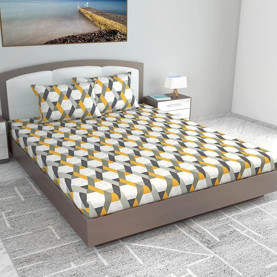 Divine Casa 144 TC Abstract Print Cotton Bedsheets for King Size Bed with 2 Pillow Covers Colour Greyochre