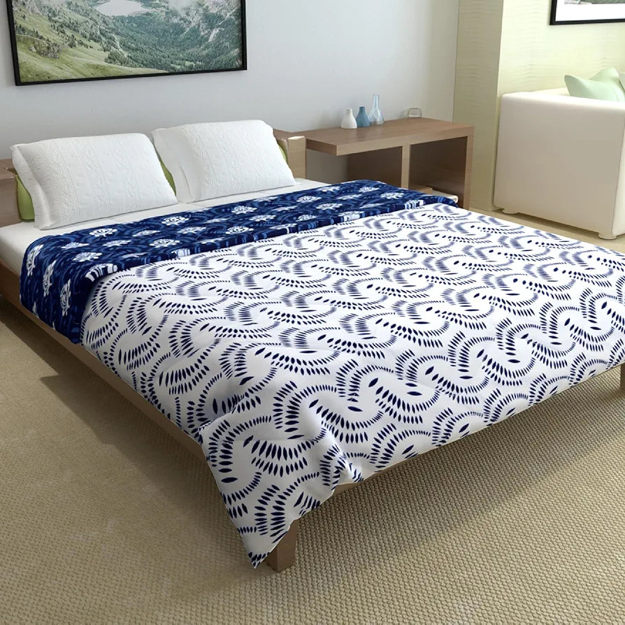 Divine Casa Microfibre Mild Winter Lightweight 120 GSM Printed Reversible Double Bed Size Quilt Comforter Blanket TC - 144 Colour Navy Blue and White