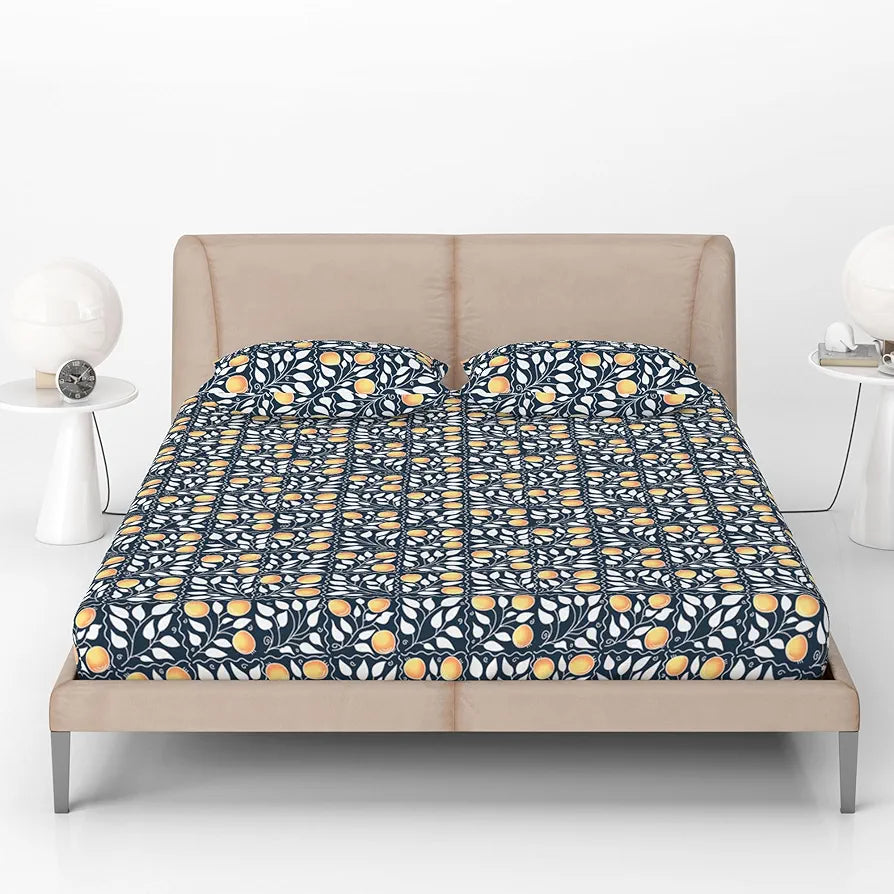 Divine Casa 144 TC 100% Cotton Deep Cobalt Floral King Size Elastic Fitted Bedsheet with 2 Pillow Covers Elegant Double Bed Set Colour Marlin