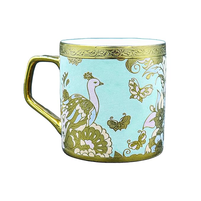 Femora Bone China Gloden Tea Cup | Butterfly & Peacock | 160 Ml | Peach