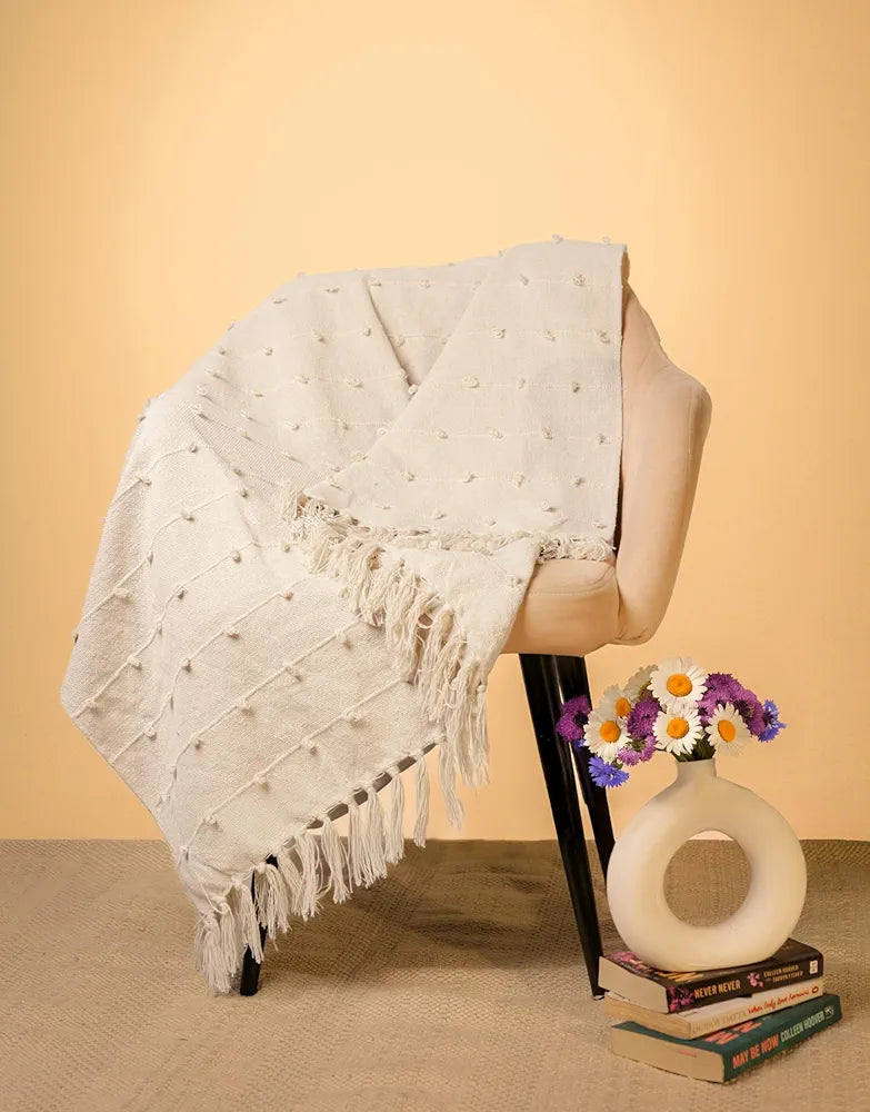 Sajavat Home Hand-Knitted Pure Cotton 3 Seater Sofa Throw & Cushion Cover Colour Beige Throw & Multi Cushion
