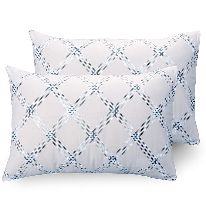 Huesland by Ahmedabad Cotton 186 TC Cotton Bedsheet for Double Bed King Size with 2 Pillow Covers | White (Blue Pattern)