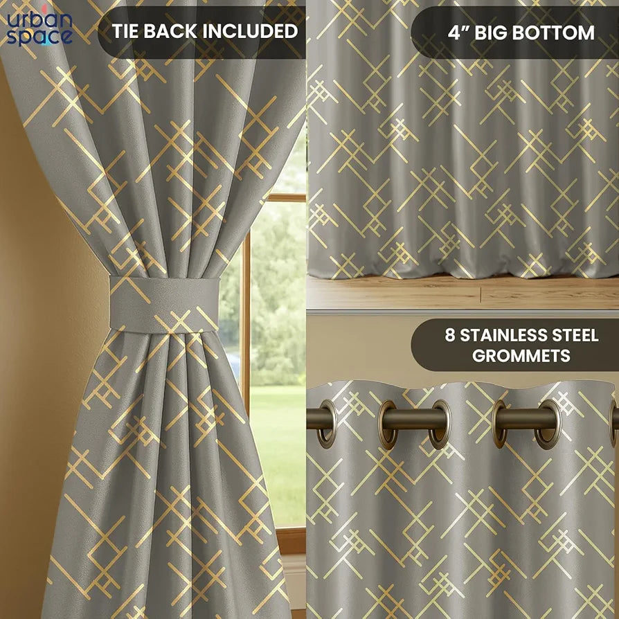 Urban Space Blackout Curtains for Living Room, Gold Foil Printed Luxurious Blackout Decorative Door Curtain Eyelet with Tieback, 1 Piece Criss Cross Ash Brown