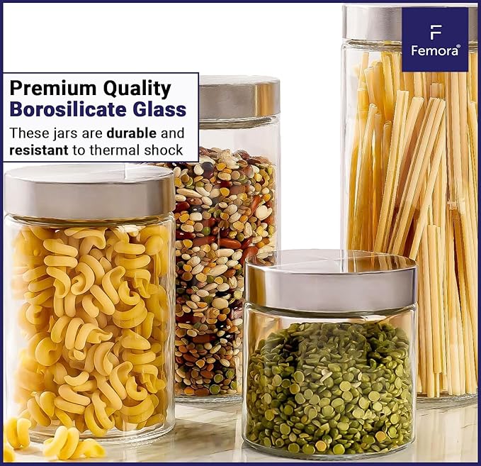 Femora Kitchen Storage Jars Borosilicate Glass With Steel Lid Air Tight Jar | 750 Ml | Pack of 6