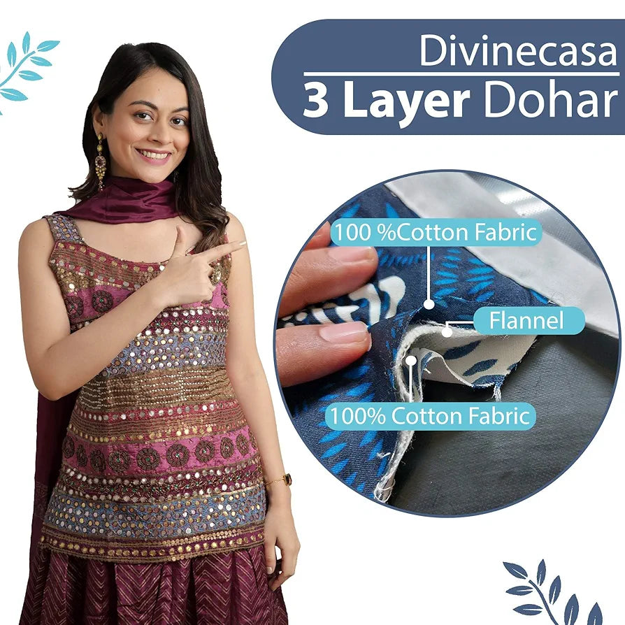 Divine Casa Glace Cotton 120 GSM Reversible Lightweight Printed Double Bed AC Dohar Blanket Quilt Colour Blue and Brown TC - 120