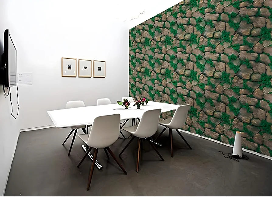 Jaamso Royals Green Grass With Stone Wall Papers for Home Brick Stone Wallpaper