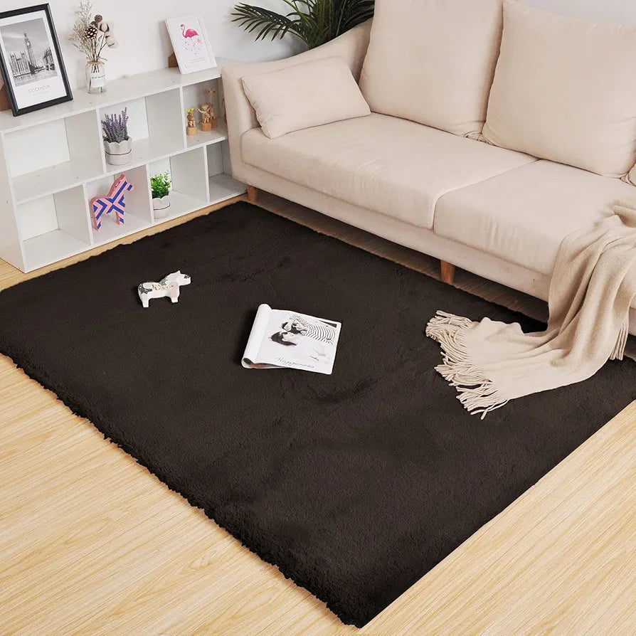 Luxe Home International Rabbit Fur Rectangular Carpet Soft Anti Slip Skid Ruffle Mats 4X6 Feet  Colour Chocolate